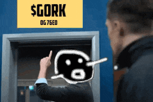 a man is pointing at a sign that says gork on it