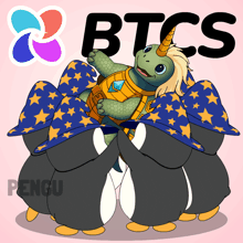 a turtle with a unicorn horn is surrounded by penguins wearing wizard hats and the word btcs