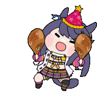 a cartoon drawing of a girl wearing a party hat holding two chicken legs