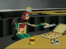 a cartoon character named robin is sitting at a table with a box of pizza