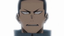 a close up of a man 's face with a very angry look on his face .