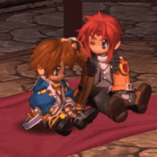 two cartoon characters are sitting next to each other on a blanket