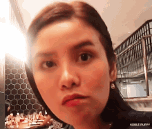 a close up of a woman 's face with noble puppy written in the corner