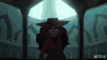 a woman in a red hat stands in a dark room with netflix written on the bottom