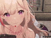 a close up of a girl with purple eyes and a necklace that says kou maruya