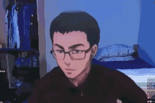 a pixelated image of a man with glasses in front of a bedroom