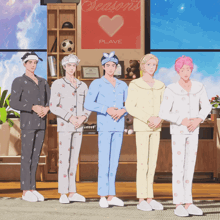 five men in pajamas are standing in front of a sign that says plave