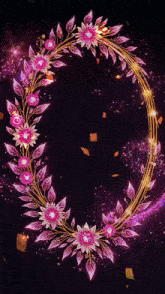 a wreath of pink and gold flowers and leaves on a dark background