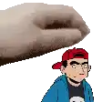 a pixel art of a man wearing a red hat and a blue jacket standing next to a cat .