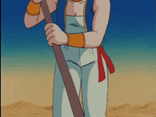 a cartoon character is holding a stick in the sand