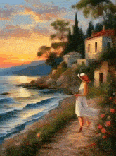 a painting of a woman in a hat walking on a path near the ocean