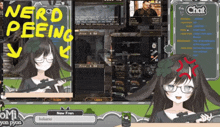 a girl holding a gun in front of a screen that says " chat "