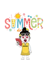 a cartoon girl is holding a fan in front of a sign that says summer
