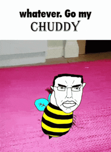 a cartoon of a bee with the words whatever go my chuddy