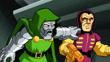 a cartoon character with a g on his belt is standing next to another character with a gun