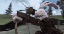 a cartoon rabbit is holding a sword and a bow
