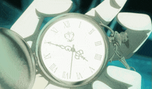 a person holding a pocket watch with roman numerals