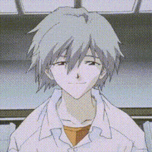 a close up of a person 's face with a gray haired anime character .