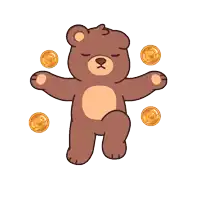 a brown teddy bear is surrounded by gold coins and has his eyes closed