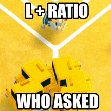 a bunch of yellow cars are stacked on top of each other with the words " l + ratio who asked " above them