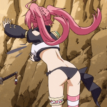 a cartoon of a girl with pink hair and a sword in the background