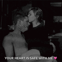 a woman is sitting on a man 's lap with the words " your heart is safe with me " on the bottom