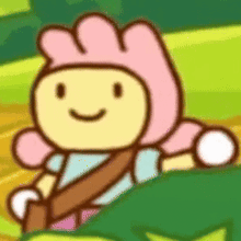a cartoon character is wearing a pink hat and smiling while sitting in a car .