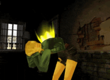 a cartoon character in a green jacket and yellow pants is standing in a dark room