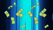 a bunch of dollar bills are falling from the sky on a blue background .