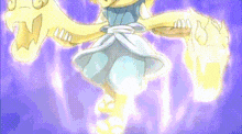 a cartoon character in a white dress is standing in front of a purple background with glowing hands .