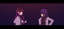 a couple of anime characters standing next to each other with chinese writing on the bottom