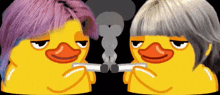 two yellow ducks with purple hair are smoking a cigarette .