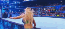 a woman is standing in a wrestling ring with her arms outstretched in front of a crowd .