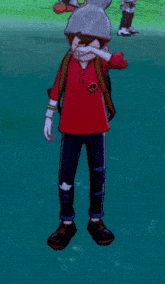 a cartoon character wearing a red shirt and black jeans