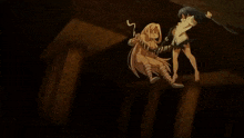 a woman is holding a sword in her hand in a dark room in a cartoon .
