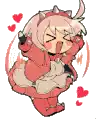 a cartoon of a girl in a red coat with hearts around her