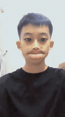 a young man with a fake mustache looks at the camera