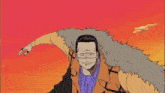 a cartoon drawing of a man with his mouth open and a purple tie