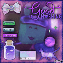 a picture of a cat and a bottle with the words good morning on it