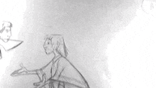 a black and white drawing of a woman with long hair holding a microphone in her hand .