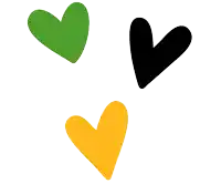 a green heart a black heart and a yellow heart are on a white background