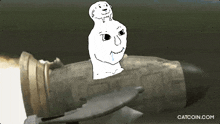 a drawing of a man sitting on top of a rocket with catcoin.com written on the bottom right