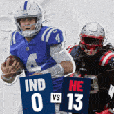 a football player in a blue uniform is holding a ball next to a player in a red and white uniform with the number 13 on it
