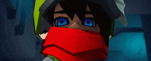 a cartoon character with blue eyes and a red scarf around his mouth