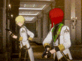 a couple of anime characters standing next to each other holding guns in a hallway .