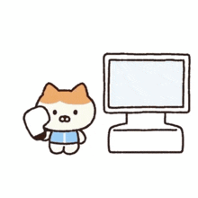 a cartoon cat is holding a virtual reality headset in front of a computer screen .