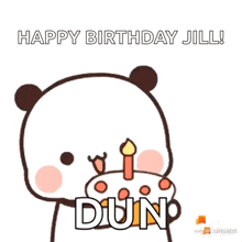 a panda bear is blowing out a candle on a birthday cake and saying happy birthday jill dun