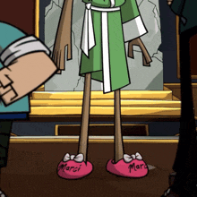 a cartoon character wearing a green robe and pink slippers that say marci