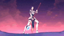 a woman in a knight 's armor is holding a spear in her hands .
