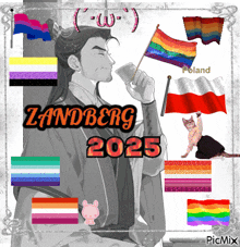 a black and white drawing of a man holding a cup with the words zandberg 2025 on it